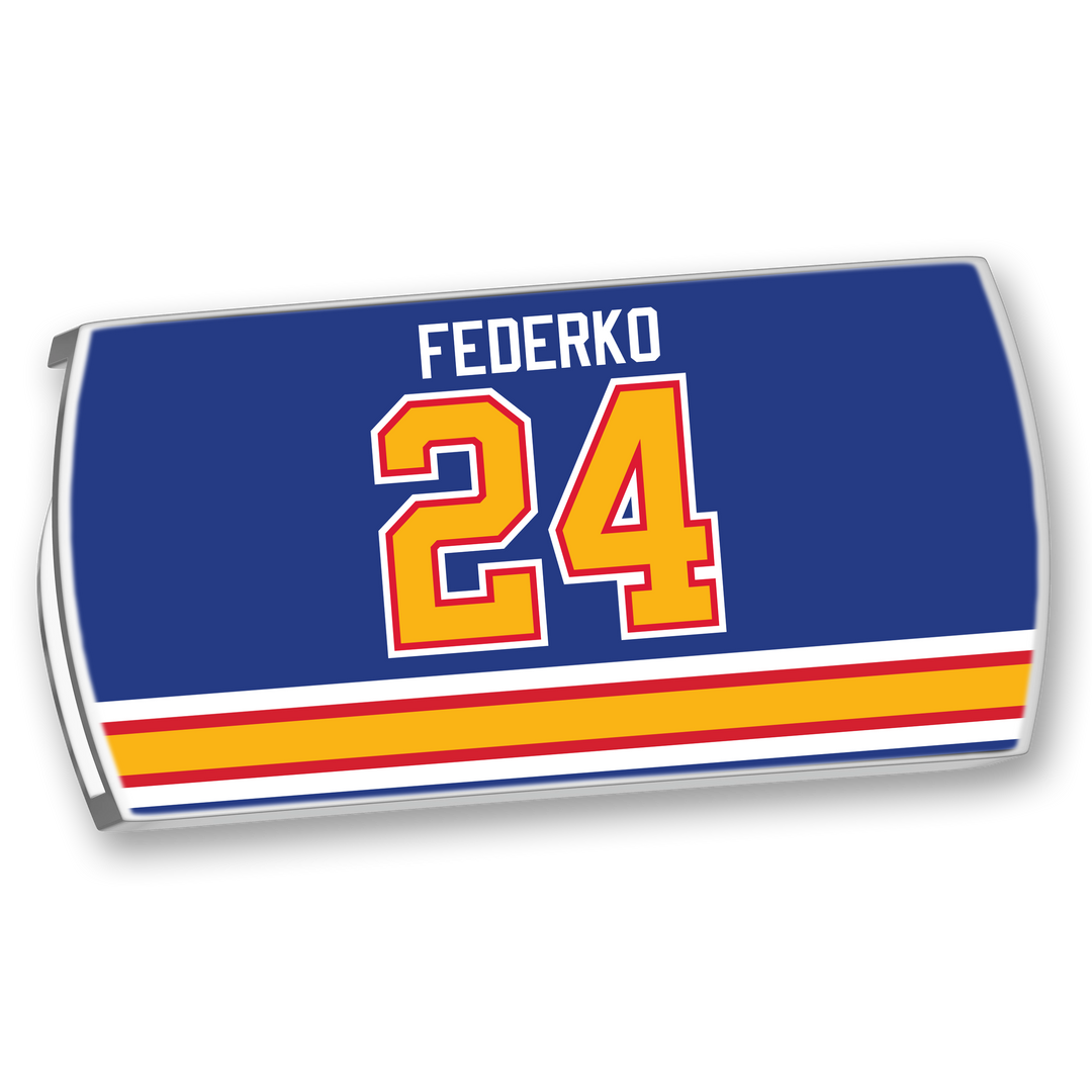 Celebrate Bernie Federko with a ZippyBack™ blue hockey jersey featuring yellow, red, and white stripes plus FEDERKO and 24 in bold yellow and red—honoring his legendary vision on the ice.
