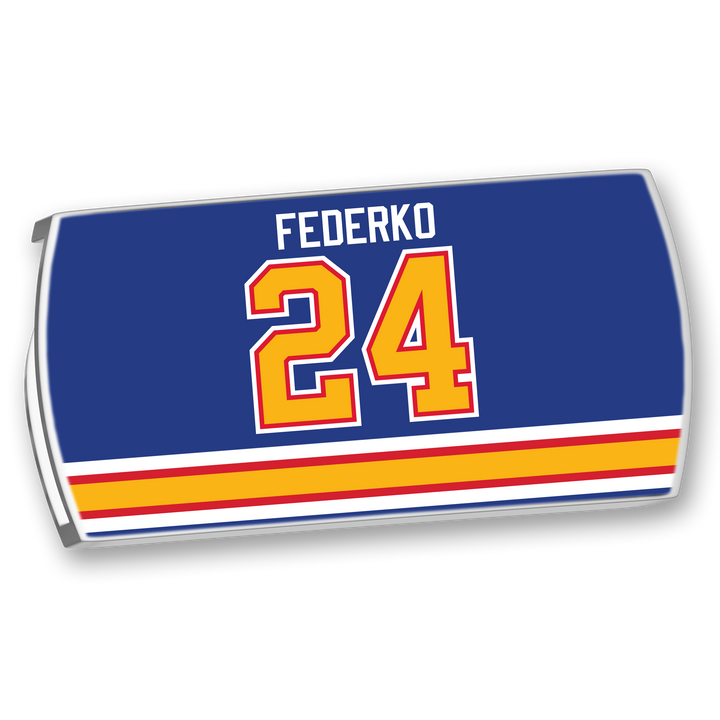 Celebrate Bernie Federko with a ZippyBack™ blue hockey jersey featuring yellow, red, and white stripes plus FEDERKO and 24 in bold yellow and red—honoring his legendary vision on the ice.