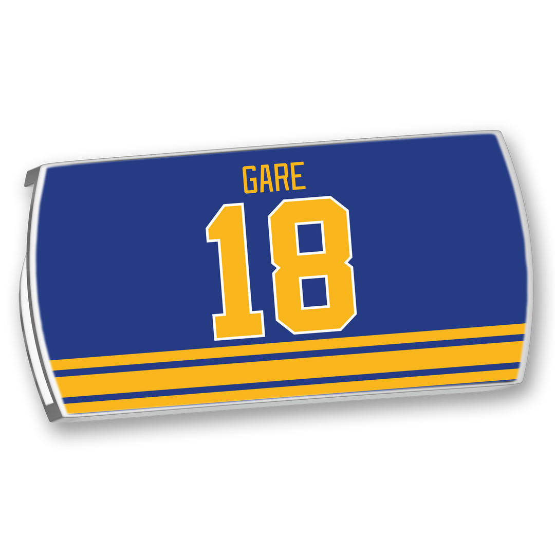 A blue rectangular ZippyBack™ with yellow stripes at the bottom, featuring Danny Gare’s name and number 18 in bold yellow text—perfect for fans of scorer’s instinct.
