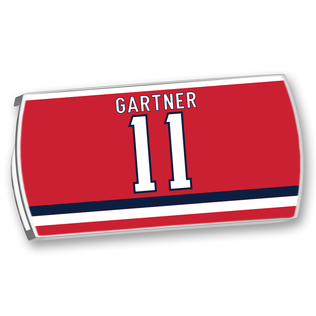 The ZippyBack™ Mike Gartner nameplate features "GARTNER" in white above the number 11, both outlined in blue on red with navy and white stripes—celebrating Gartner’s legendary speed and shot.