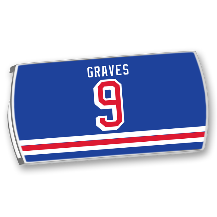 The ZippyBack™ Adam Graves nameplate features "GRAVES" and the number 9 in white and red on blue, accented by two red and white stripes—ideal for hockey fans who love energy and passion.