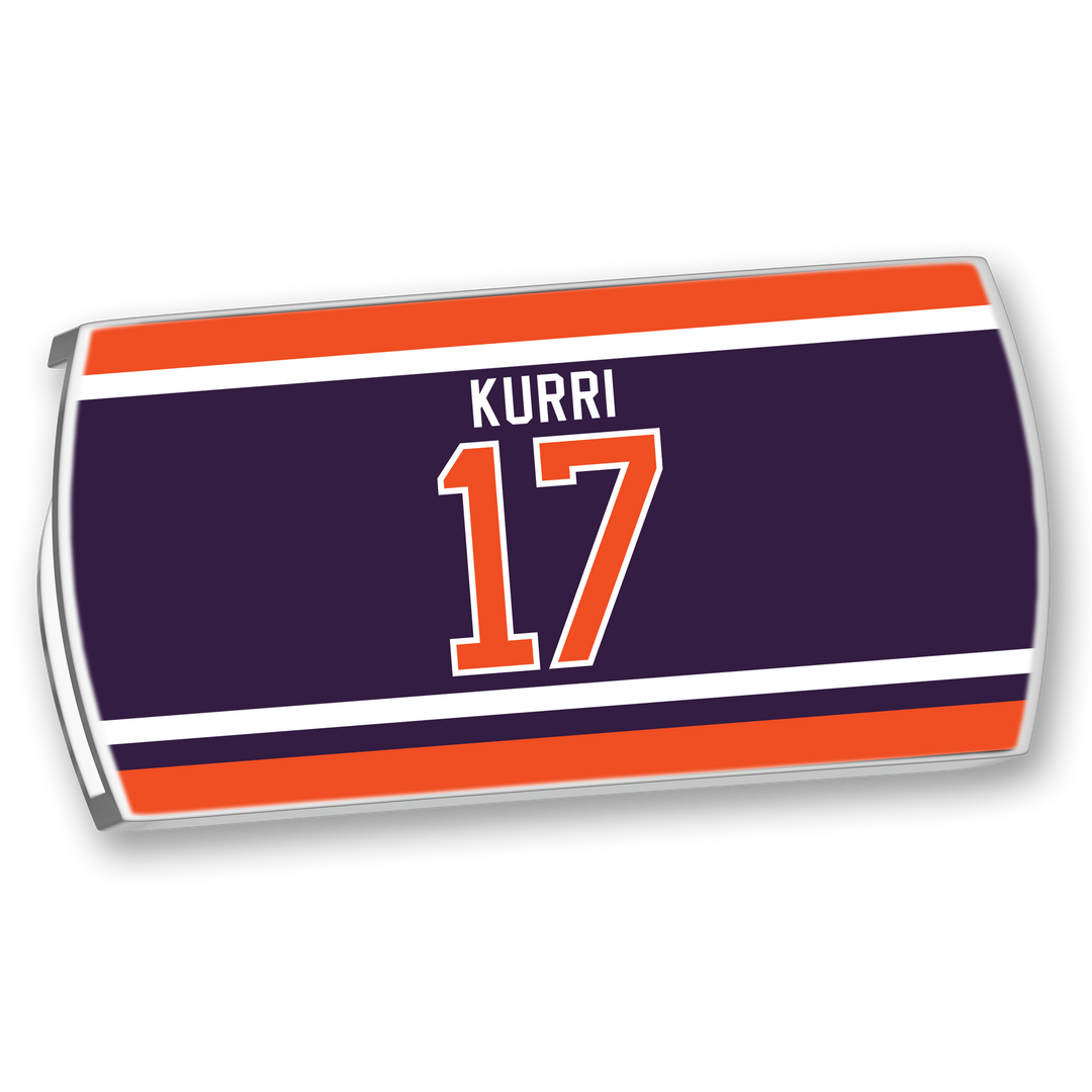 The ZippyBack™ Jari Kurri hockey jersey nameplate showcases “Kurri” above the number 17, honoring his legendary scoring, with navy blue, orange, and white horizontal stripes.