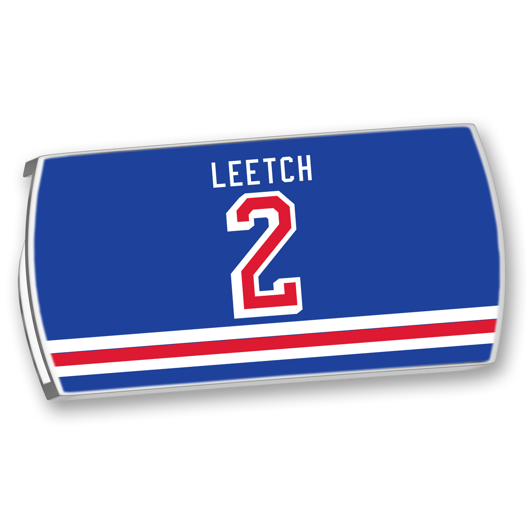 The ZippyBack™ Brian Leetch napkin is a blue hockey jersey design with red and white stripes at the bottom, showcasing Brian Leetch's name and number 2 in bold red and white.