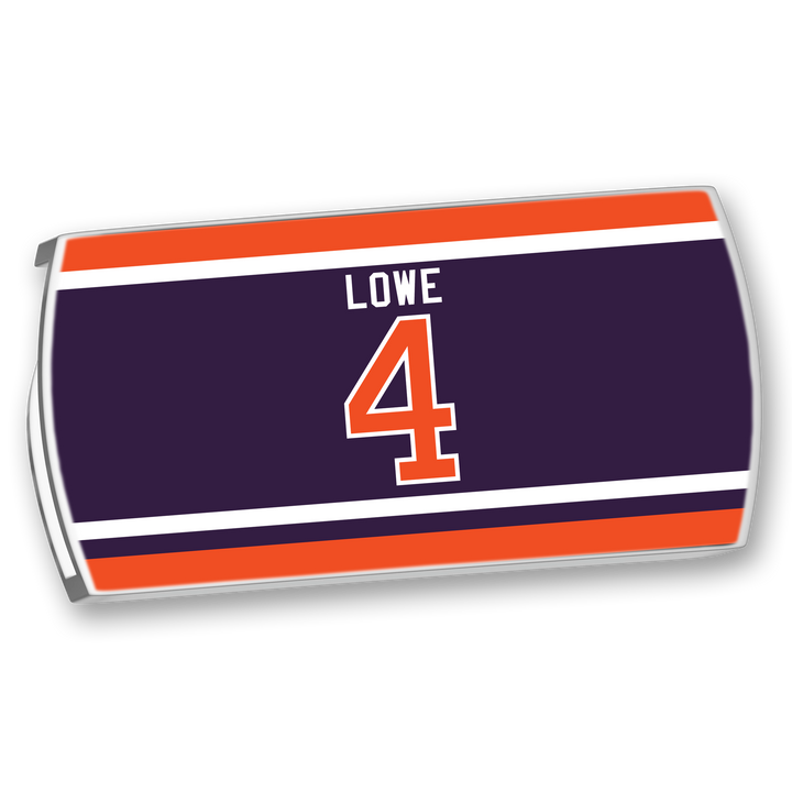ZippyBack™ Kevin Lowe jersey nameplate with "LOWE" and number 4 in orange on dark blue, accented by white and orange stripes—celebrating Kevin Lowe’s defensive excellence.