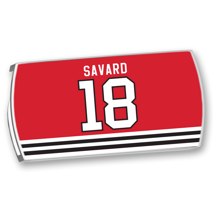 A ZippyBack™ Denis Savard red hockey jersey nameplate features SAVARD in bold white letters above a large white 18 outlined in black with three black and white stripes below—a tribute to his legendary creativity.