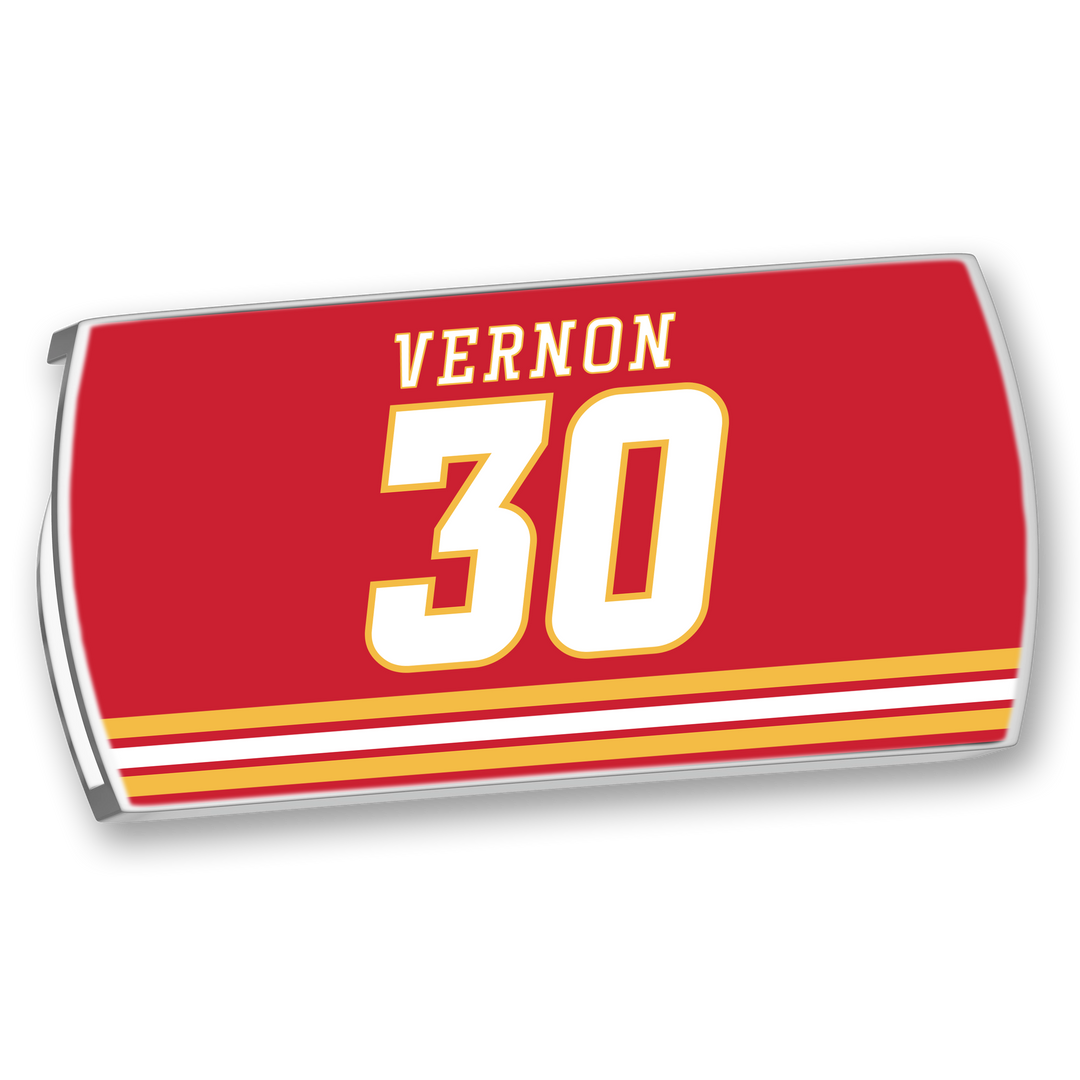 The ZippyBack™ Mike Vernon red sports jersey features yellow and white stripes, with "VERNON" in white above the bold number 30—ideal for fans who appreciate fast, dynamic hockey action.