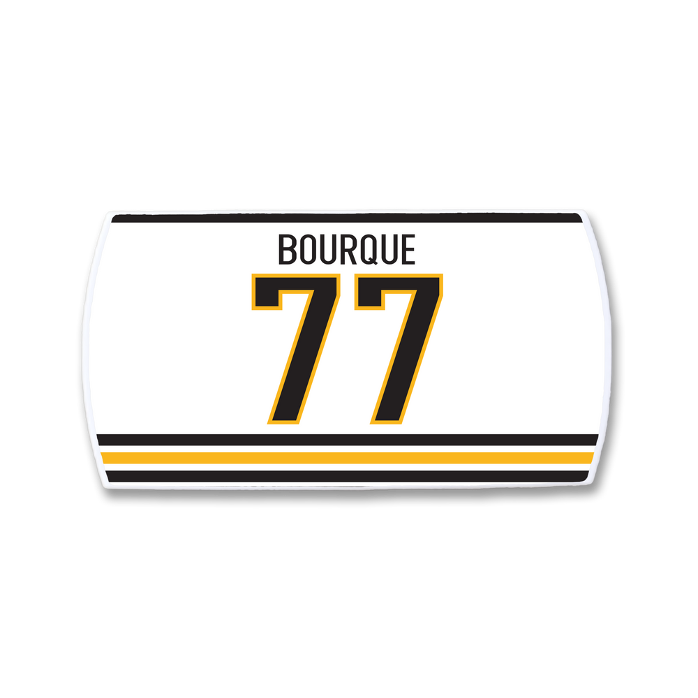 The ZippyBack™ Ray Bourque nameplate is a white hockey jersey patch with black and yellow stripes, showcasing “BOURQUE” above the bold number 77 in black and yellow lettering.