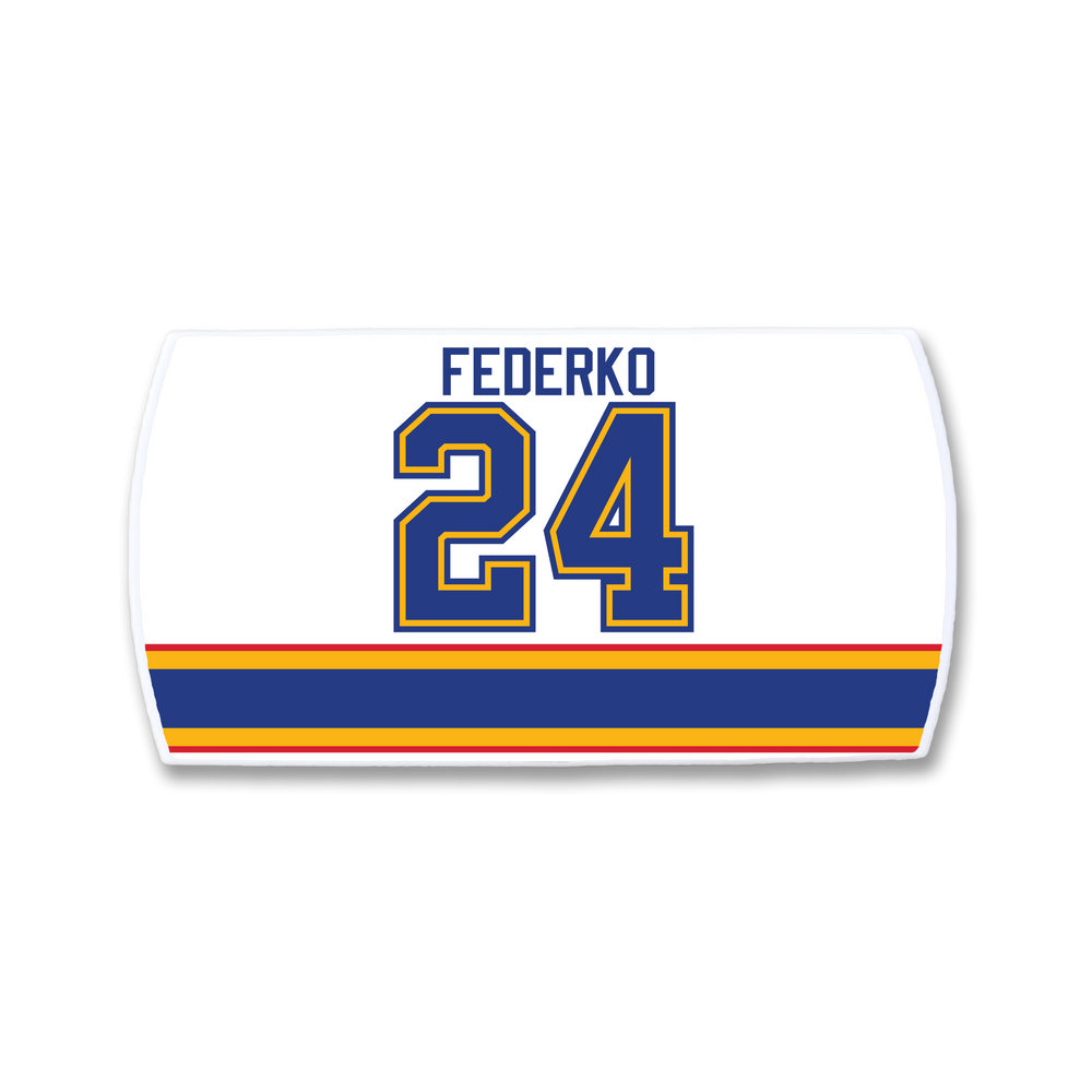 A ZippyBack™ white hockey jersey nameplate featuring Bernie Federko in blue above the blue and gold number 24, with blue, gold, and red stripes near the bottom—honoring his legendary vision and passing mastery.
