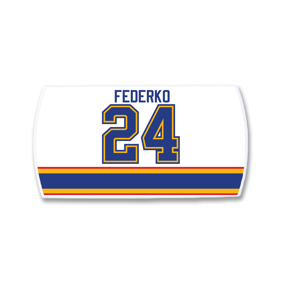 A ZippyBack™ white hockey jersey nameplate featuring Bernie Federko in blue above the blue and gold number 24, with blue, gold, and red stripes near the bottom—honoring his legendary vision and passing mastery.