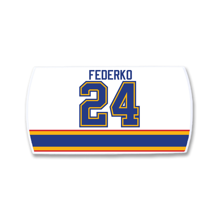 A ZippyBack™ white hockey jersey nameplate featuring Bernie Federko in blue above the blue and gold number 24, with blue, gold, and red stripes near the bottom—honoring his legendary vision and passing mastery.