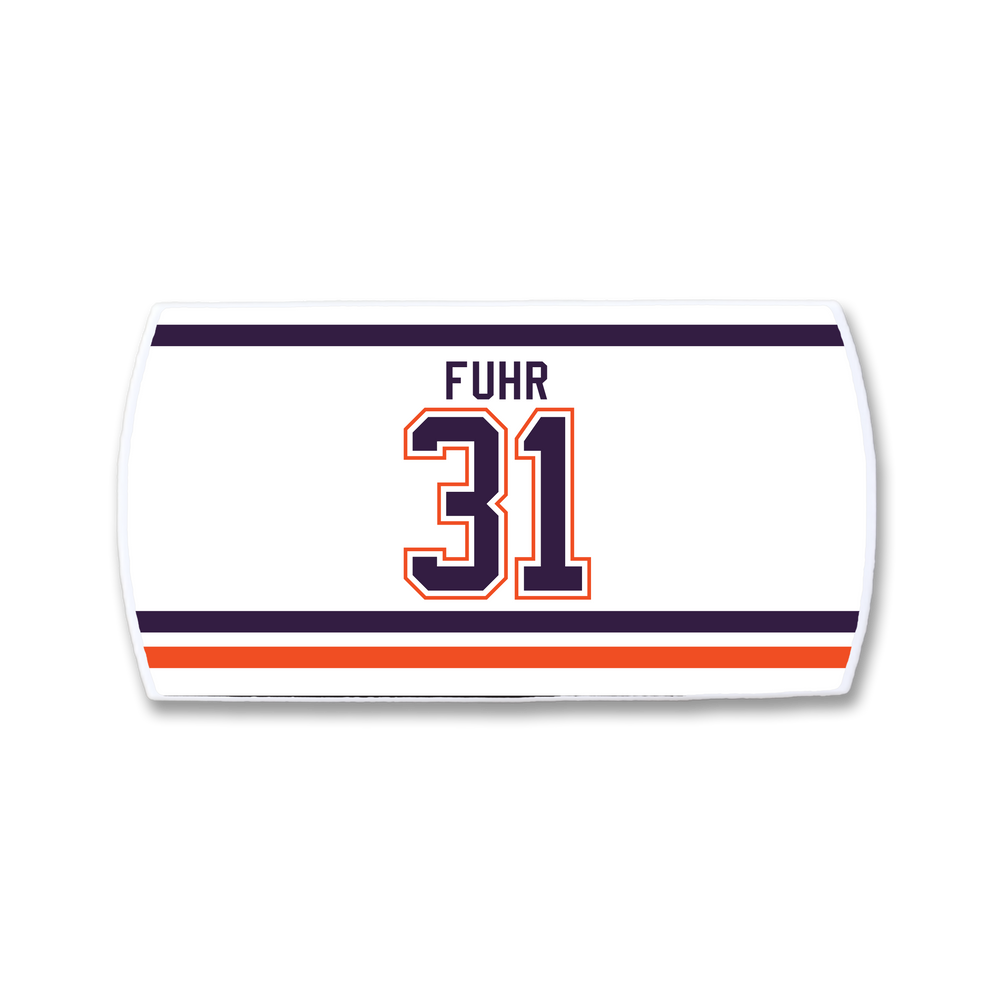 The ZippyBack™ Grant Fuhr is a white hockey jersey backplate with his name above a bold blue and orange 31 and matching stripes, honoring Fuhr’s composure and sharp reflexes on the ice.