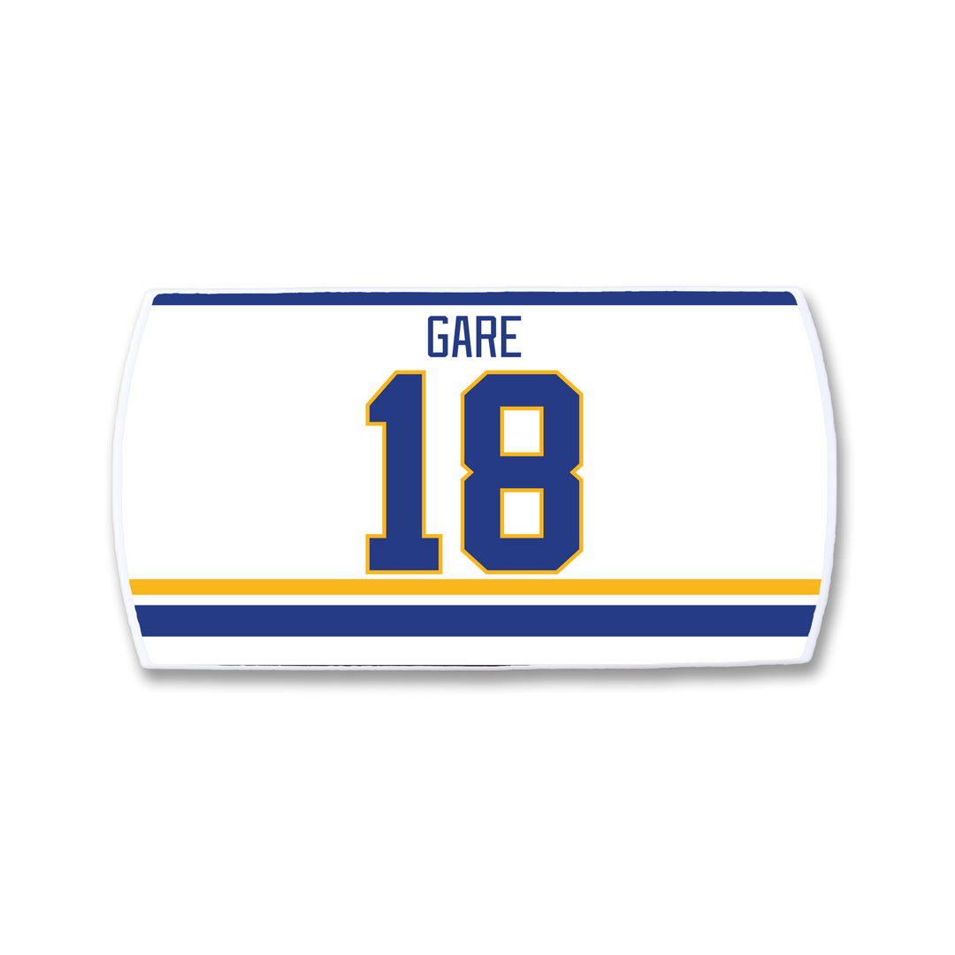 The ZippyBack™ Danny Gare jersey features white fabric with blue and yellow stripes, showcasing "GARE" above bold blue and yellow number 18 on the back—a tribute to Danny Gare’s scoring skill and leadership.