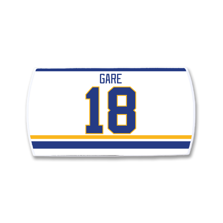 The ZippyBack™ Danny Gare jersey features white fabric with blue and yellow stripes, showcasing "GARE" above bold blue and yellow number 18 on the back—a tribute to Danny Gare’s scoring skill and leadership.