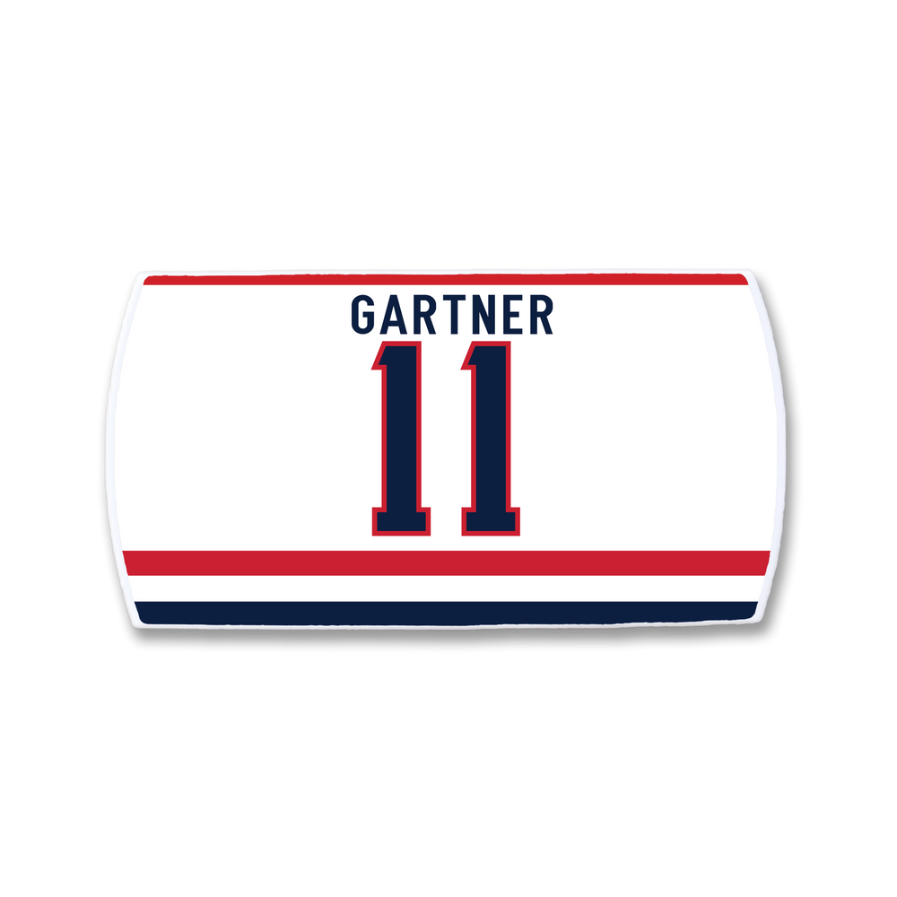 The ZippyBack™ Mike Gartner jersey features "GARTNER" in blue above a bold blue and red number 11, with red and blue stripes along the bottom—a nod to the speed and consistency that defined Gartner’s legendary career.