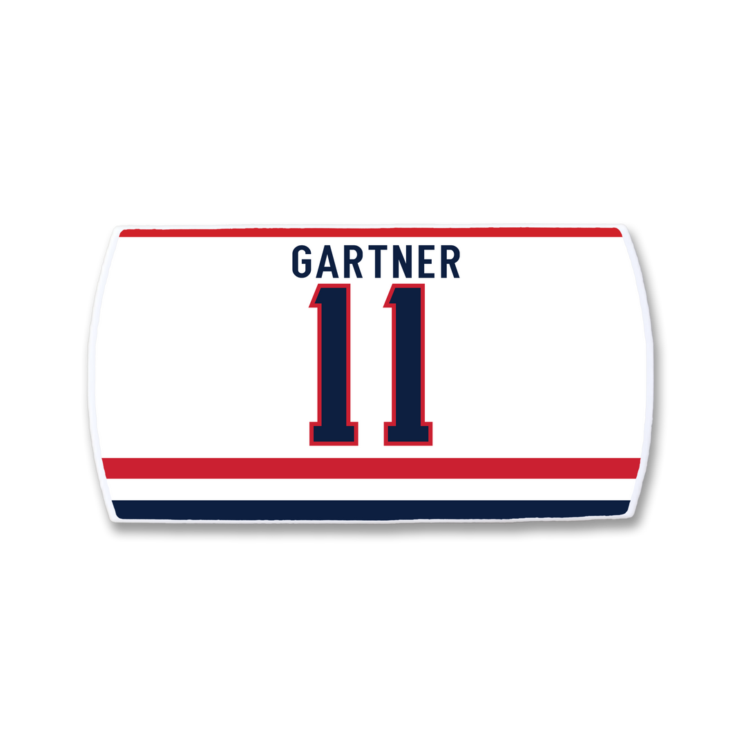 The ZippyBack™ Mike Gartner jersey features "GARTNER" in blue above a bold blue and red number 11, with red and blue stripes along the bottom—a nod to the speed and consistency that defined Gartner’s legendary career.