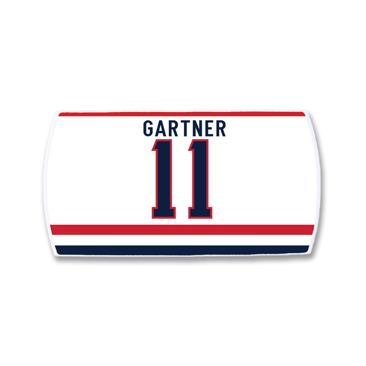 The ZippyBack™ Mike Gartner jersey features "GARTNER" in blue above a bold blue and red number 11, with red and blue stripes along the bottom—a nod to the speed and consistency that defined Gartner’s legendary career.