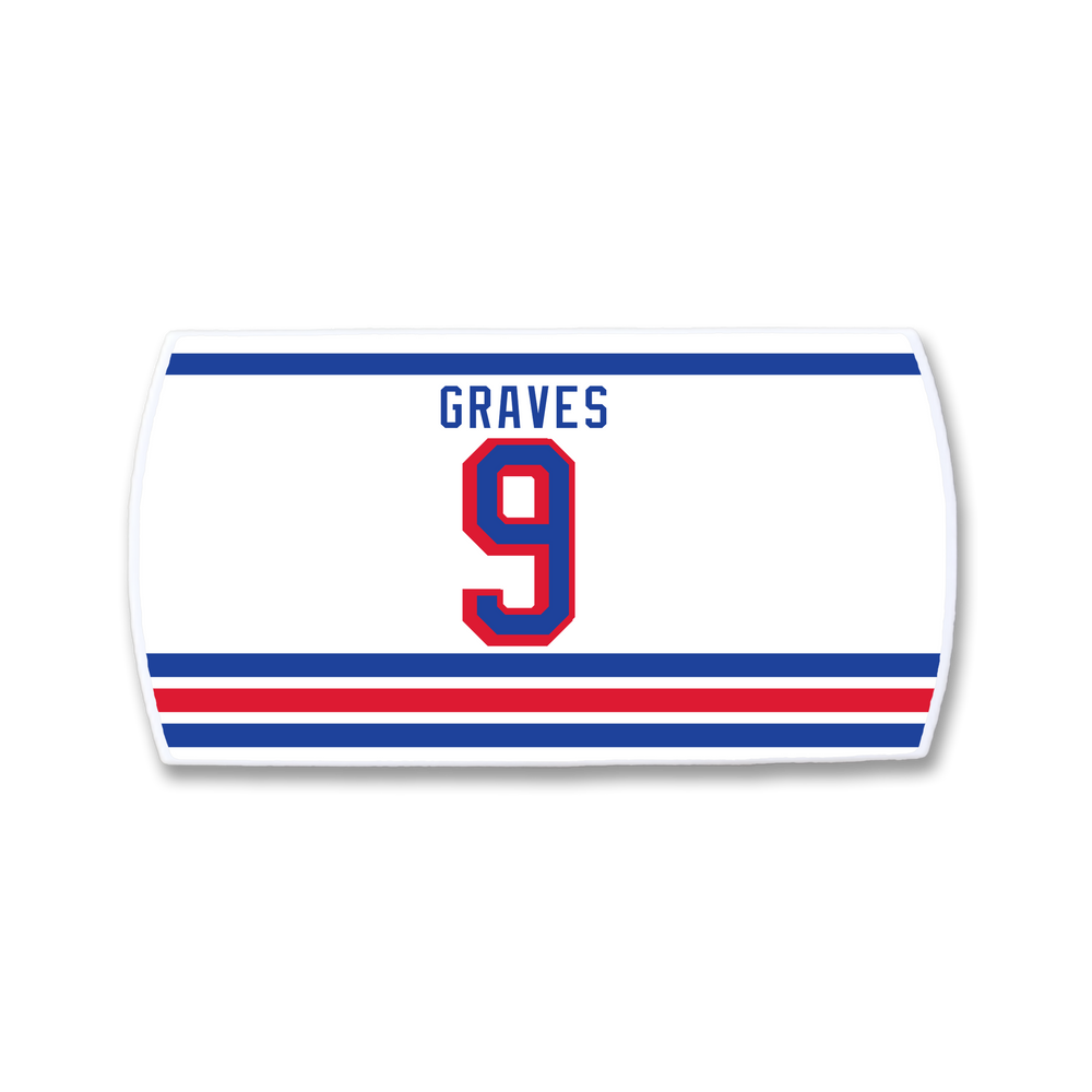 A ZippyBack™ Adam Graves nameplate: white, rectangular, with blue and red stripes, blue "GRAVES" lettering, bold red-and-blue number 9—embodying the relentless energy and grit of a true competitor.