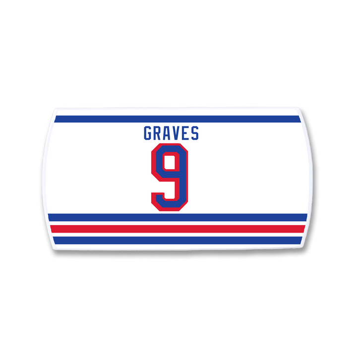 A ZippyBack™ Adam Graves nameplate: white, rectangular, with blue and red stripes, blue "GRAVES" lettering, bold red-and-blue number 9—embodying the relentless energy and grit of a true competitor.