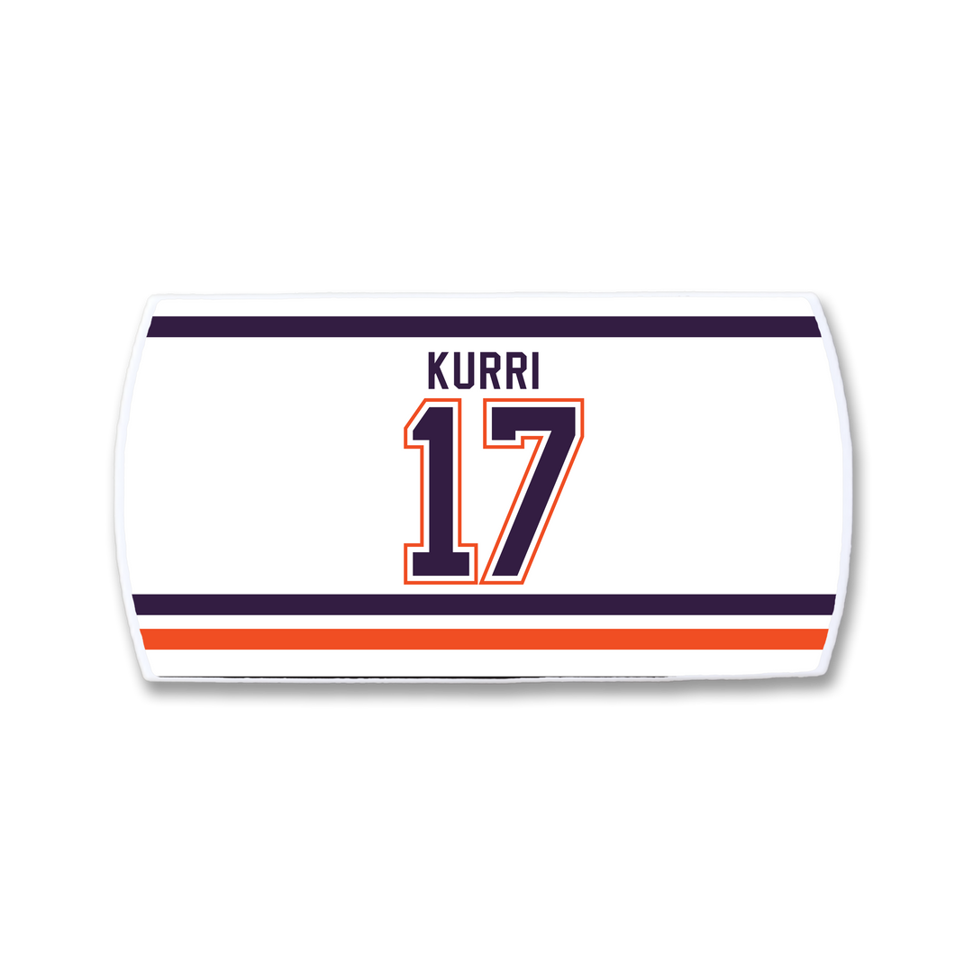 ZippyBack™ Jari Kurri white hockey jersey nameplate with his name in black above number 17, accented by blue and orange borders—a nod to his legendary scoring prowess.