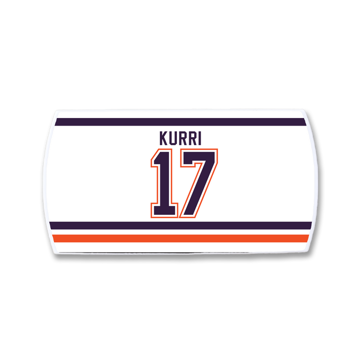 ZippyBack™ Jari Kurri white hockey jersey nameplate with his name in black above number 17, accented by blue and orange borders—a nod to his legendary scoring prowess.