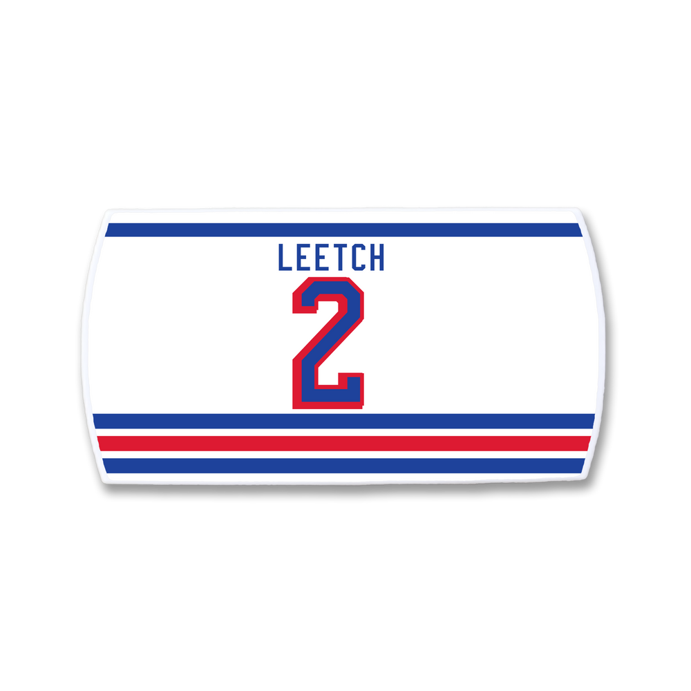 ZippyBack™ rectangular hockey jersey nameplate featuring Brian Leetch, with LEETCH and the number 2 in blue and red on white, bordered by horizontal blue and red stripes.