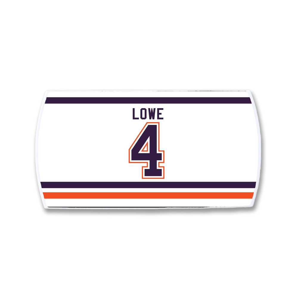 The ZippyBack™ Kevin Lowe white hockey jersey nameplate features "LOWE" in black above the blue and orange-outlined number 4, with blue and orange stripes on top and bottom—honoring Kevin Lowe’s legacy on the blue line.