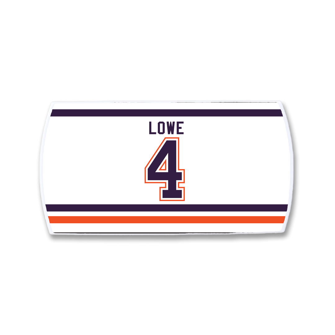 The ZippyBack™ Kevin Lowe white hockey jersey nameplate features "LOWE" in black above the blue and orange-outlined number 4, with blue and orange stripes on top and bottom—honoring Kevin Lowe’s legacy on the blue line.