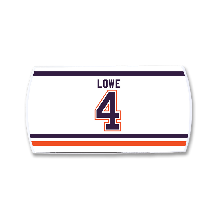 The ZippyBack™ Kevin Lowe white hockey jersey nameplate features "LOWE" in black above the blue and orange-outlined number 4, with blue and orange stripes on top and bottom—honoring Kevin Lowe’s legacy on the blue line.