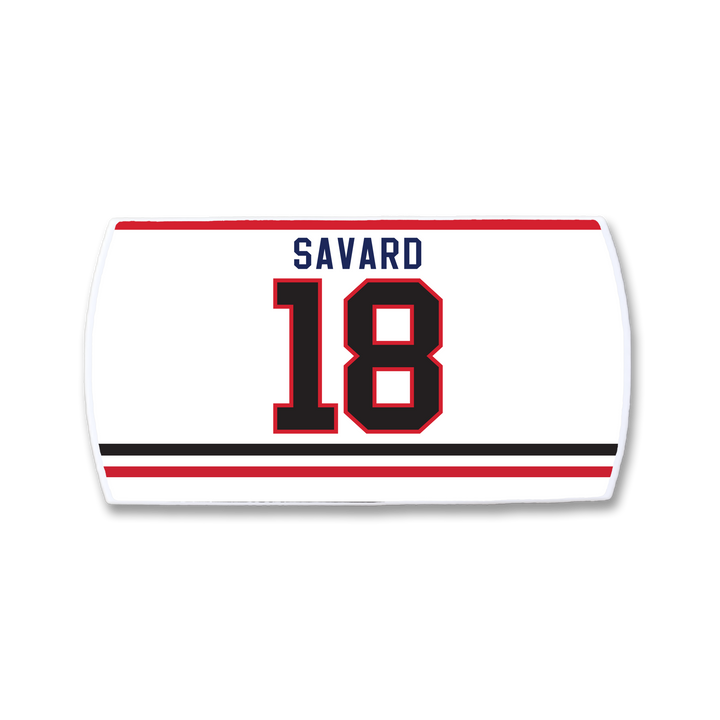 ZippyBack™ Denis Savard hockey jersey nameplate in white displays SAVARD in blue above red and black number 18, accented by two black and red stripes—celebrating Savard’s legendary creativity on the ice.