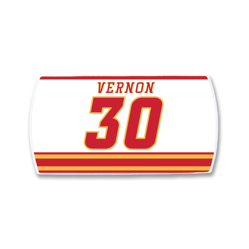 The ZippyBack™ Mike Vernon nameplate features white fabric with red and yellow stripes, VERNON in red above a large number 30 outlined in yellow and red—crafted for style on and off the ice.