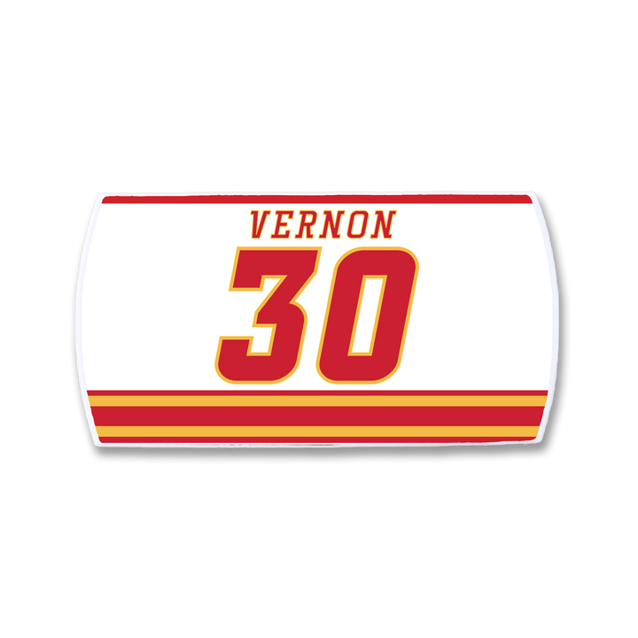 The ZippyBack™ Mike Vernon nameplate features white fabric with red and yellow stripes, VERNON in red above a large number 30 outlined in yellow and red—crafted for style on and off the ice.