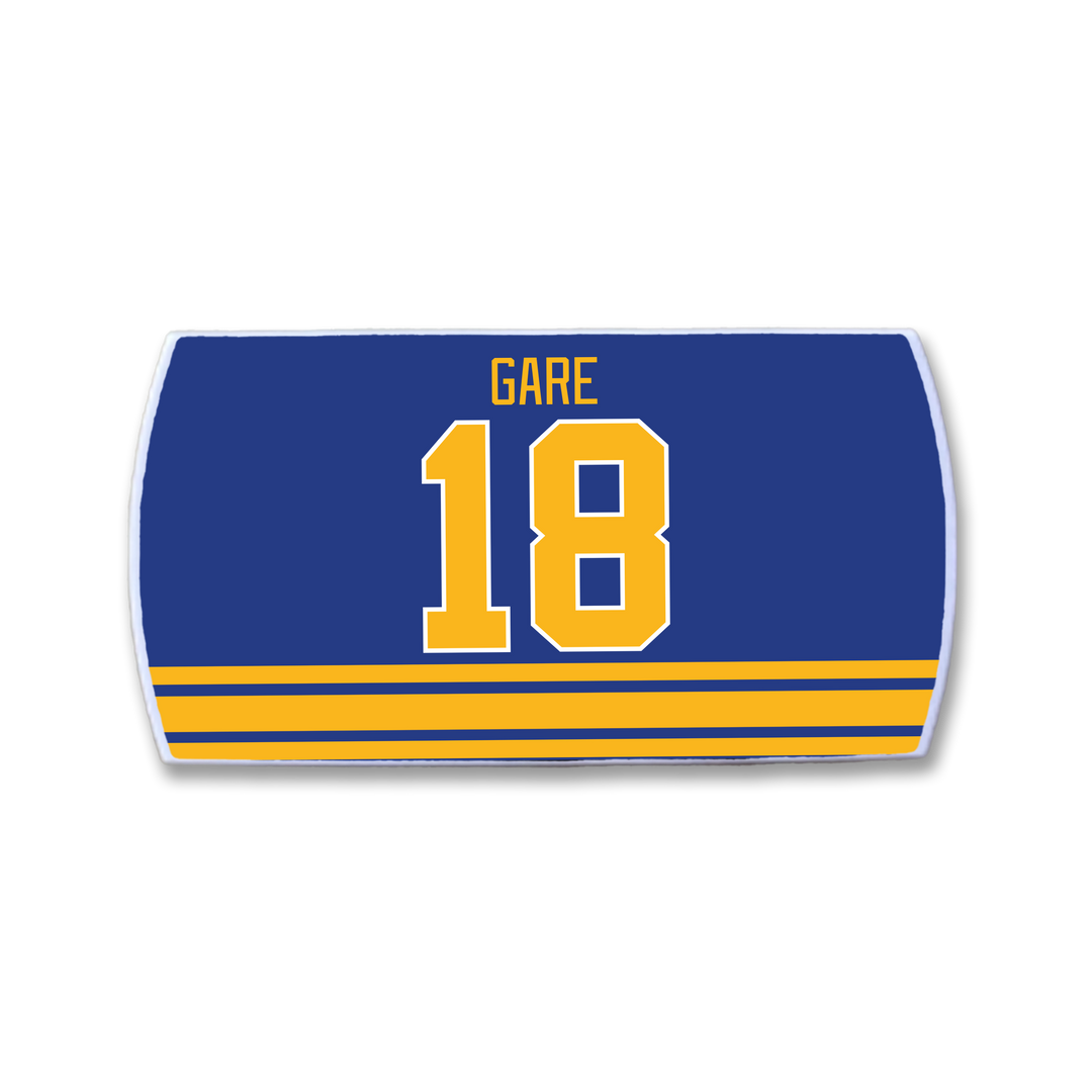 A blue rectangular ZippyBack™ featuring the name “Danny Gare” and number 18 in gold with three gold stripes below—celebrating Danny Gare’s scoring prowess and captaincy.