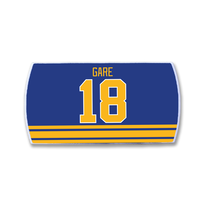A blue rectangular ZippyBack™ featuring the name “Danny Gare” and number 18 in gold with three gold stripes below—celebrating Danny Gare’s scoring prowess and captaincy.