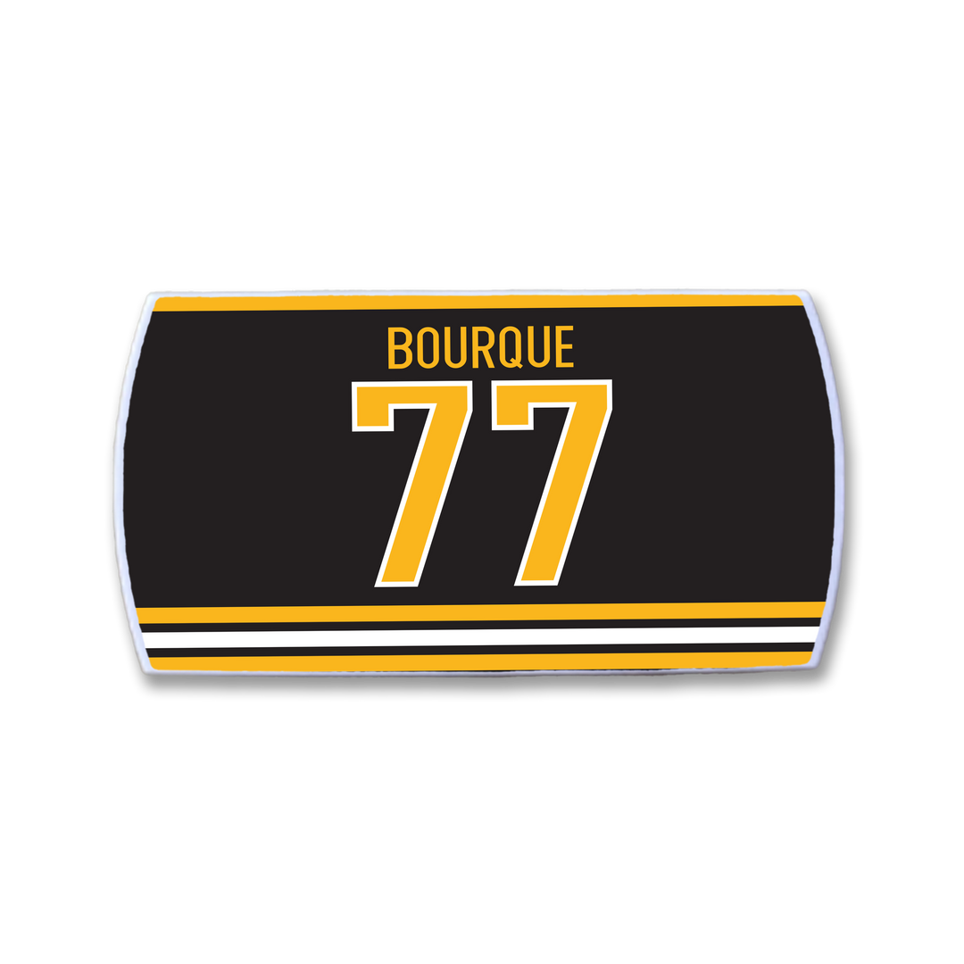 The ZippyBack™ Ray Bourque nameplate is a black hockey jersey patch with yellow and white stripes, displaying BOURQUE above the bold yellow and white number 77—celebrating the legendary defenseman’s legacy.