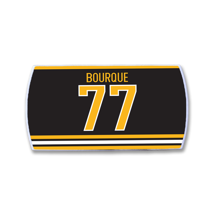 The ZippyBack™ Ray Bourque nameplate is a black hockey jersey patch with yellow and white stripes, displaying BOURQUE above the bold yellow and white number 77—celebrating the legendary defenseman’s legacy.
