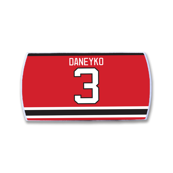 The ZippyBack™ Ken Daneyko jersey features bold red with black and white stripes, DANEYKO above the large number 3—a nod to Ken Daneyko’s legendary defensive skill and durability.