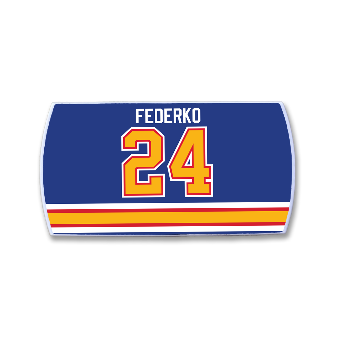 The ZippyBack™ Bernie Federko patch features his name in white above a large yellow and red outlined number 24, with red, yellow, and white stripes on a blue background—ideal for fans of elite hockey vision.