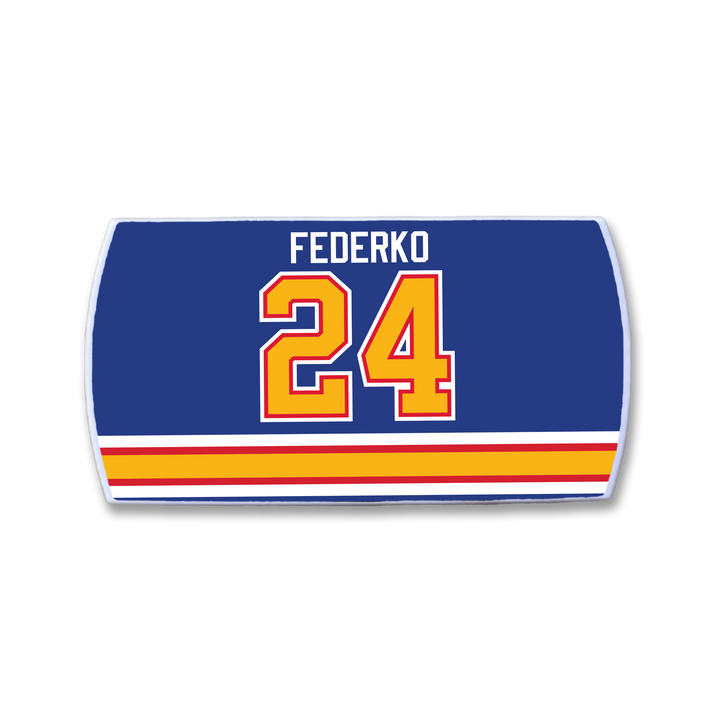 The ZippyBack™ Bernie Federko patch features his name in white above a large yellow and red outlined number 24, with red, yellow, and white stripes on a blue background—ideal for fans of elite hockey vision.
