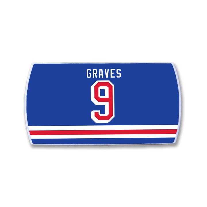A blue rectangular ZippyBack™ patch featuring "Adam Graves" and the number 9 in white with red trim, plus two white and red stripes near the bottom—a tribute to hockey’s energy for passionate fans.