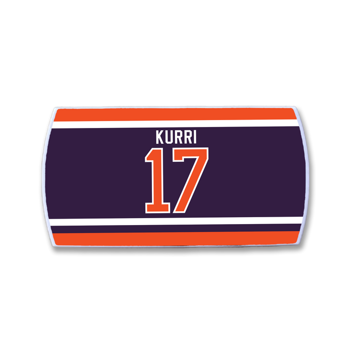 Celebrate Jari Kurri with this ZippyBack™ patch: a rectangular dark blue background with red and white stripes, showcasing “Jari Kurri” in white above his iconic orange-and-white number 17—a nod to his legendary offense.