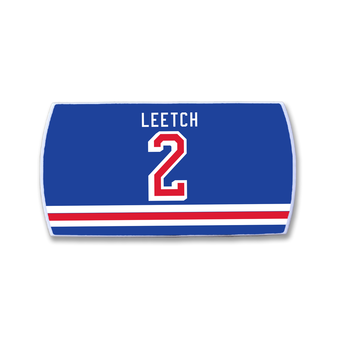 The ZippyBack™ Brian Leetch hockey patch features "LEETCH" in white above a bold red and white number 2, with red and white horizontal stripes along the bottom—honoring the legendary defenseman.