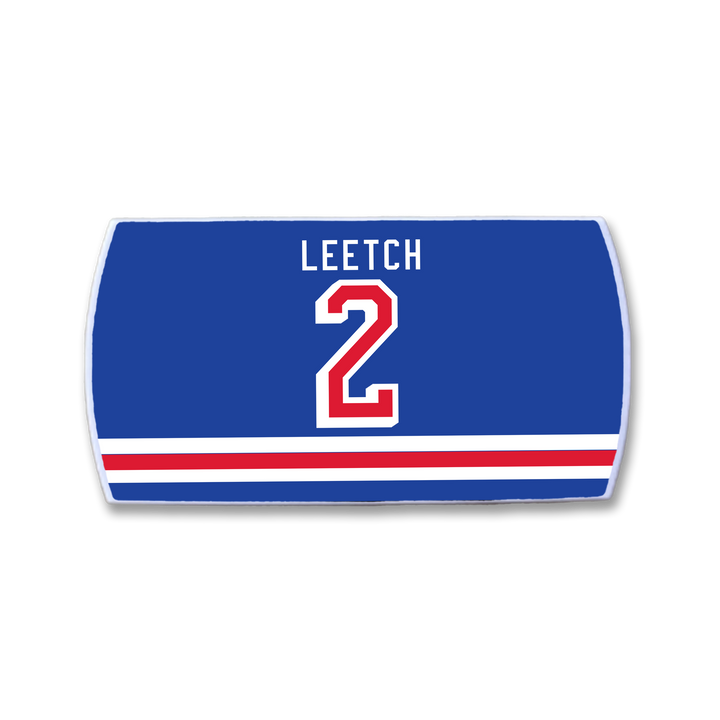 The ZippyBack™ Brian Leetch hockey patch features "LEETCH" in white above a bold red and white number 2, with red and white horizontal stripes along the bottom—honoring the legendary defenseman.