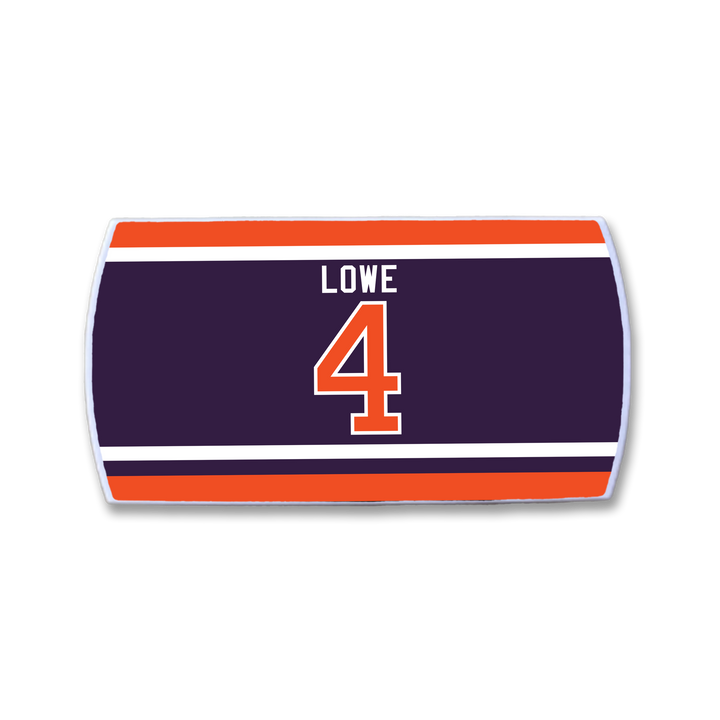 The ZippyBack™ Kevin Lowe features a rectangular design with LOWE and the number 4 in orange and white on dark blue, bordered by red and white stripes—a tribute to Kevin Lowe's renowned defensive skill at the blue line.