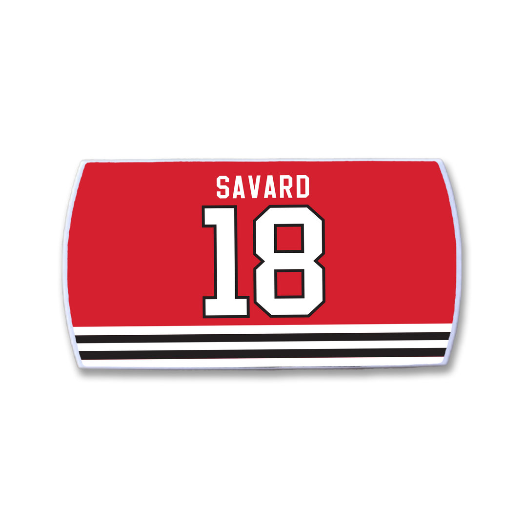 A vibrant red ZippyBack™ Denis Savard jersey with black and white stripes, featuring "SAVARD" in white and the number 18—a fitting tribute to Denis Savard's legendary hockey creativity and puck handling.