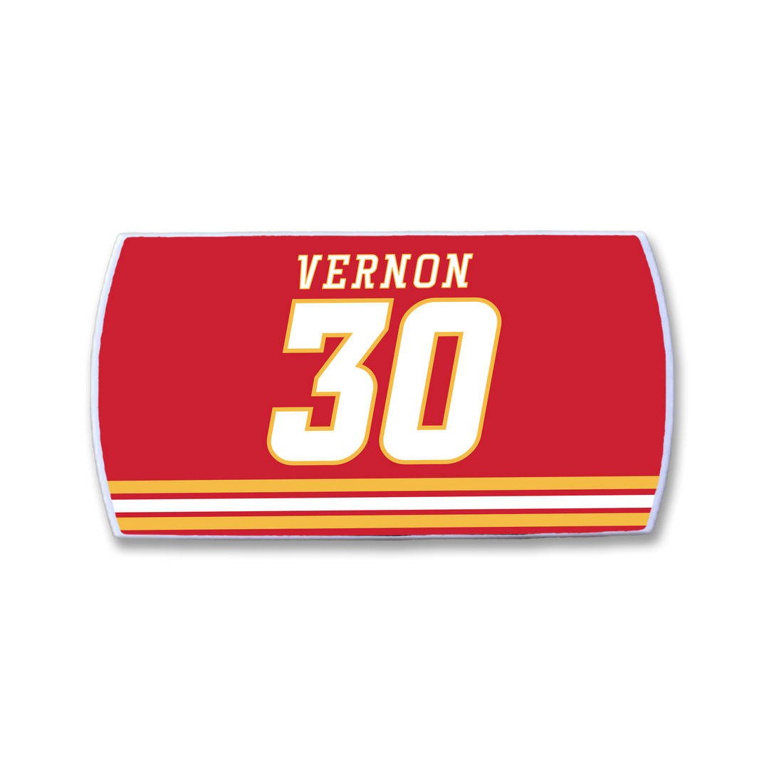 A red ZippyBack™ sports jersey patch for Mike Vernon, with yellow and white stripes below, "VERNON" in white above a large yellow and white number 30—boldly capturing the iconic look fans love.