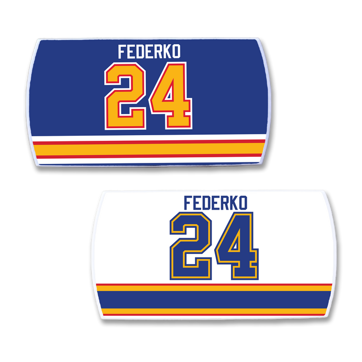 Two ZippyBack™ Bernie Federko hockey jersey nameplates: one blue with yellow, red, and white stripes, FEDERKO 24 in yellow/red; one white with blue/yellow stripes, FEDERKO 24 in blue/yellow.