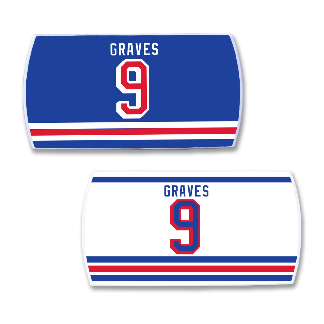 Two ZippyBack™ Adam Graves hockey jersey nameplates—one blue with white/red stripes, one white with blue/red stripes—capture the fierce grit and relentless energy Adam Graves brought to the ice.