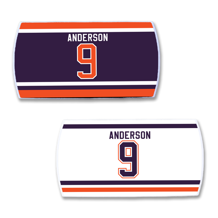 Show your love for clutch scorer Glenn Anderson with two ZippyBack™ nameplates—one dark purple with orange and white stripes, one white with purple and orange stripes. A perfect collectible for any fan of legendary postseason performances.