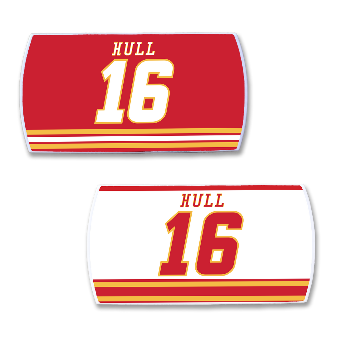 Two rectangular ZippyBack™ nameplates—one red with Brett Hull in white &amp; gold, one white with Brett Hull in red &amp; gold—both featuring yellow and red stripes below; a perfect collectible for any hockey fan or Brett Hull enthusiast.