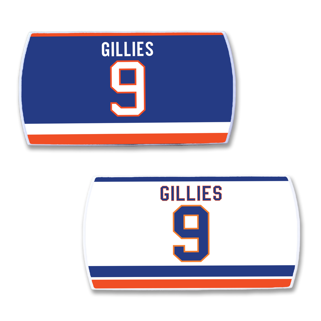 Celebrate Clark Gillies with two ZippyBack™ rectangular hockey jersey nameplates—one blue with orange and white stripes, one white with blue and orange stripes—featuring his name and number 9 in an iconic design.